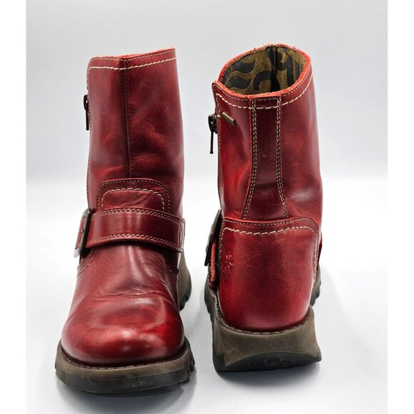 Fly London Women's Red  Leather Seku Wedge Buckled Ankle Boots Sz (5.5) 36 2907 - Picture 2 of 16
